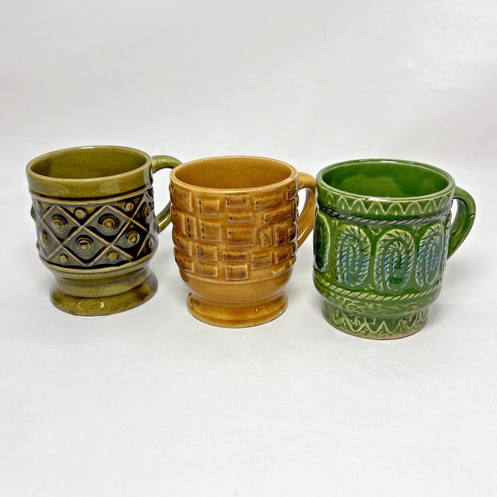 MCM 1960s Vintage Japan Coffee Mug Set of 3 Green Yellow Granny Cottage Kitschy